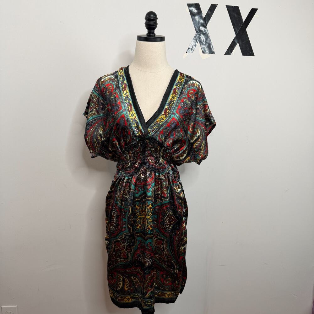 Vintage Y2KAngie Multicolor Abstract Paisley Satin V Neck Shift Midi Dress M